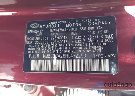 2017 Hyundai Tucson Eco из США, поврежденный, VIN KM8J3CA26HU472250